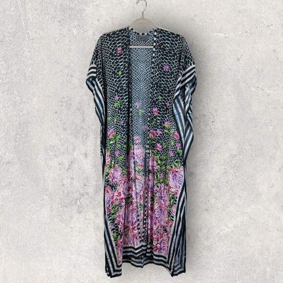 Anthropologie Printed Duster Kimono Blue Floral Stripe Open Front, One Size - Picture 1 of 10